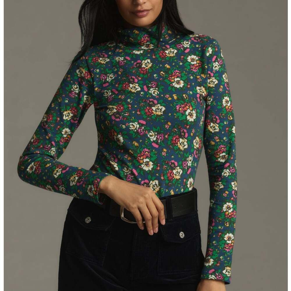 Anthropologie Maeve Blue Floral Hailey Printed Long Sleeve Turtleneck Womens XXS